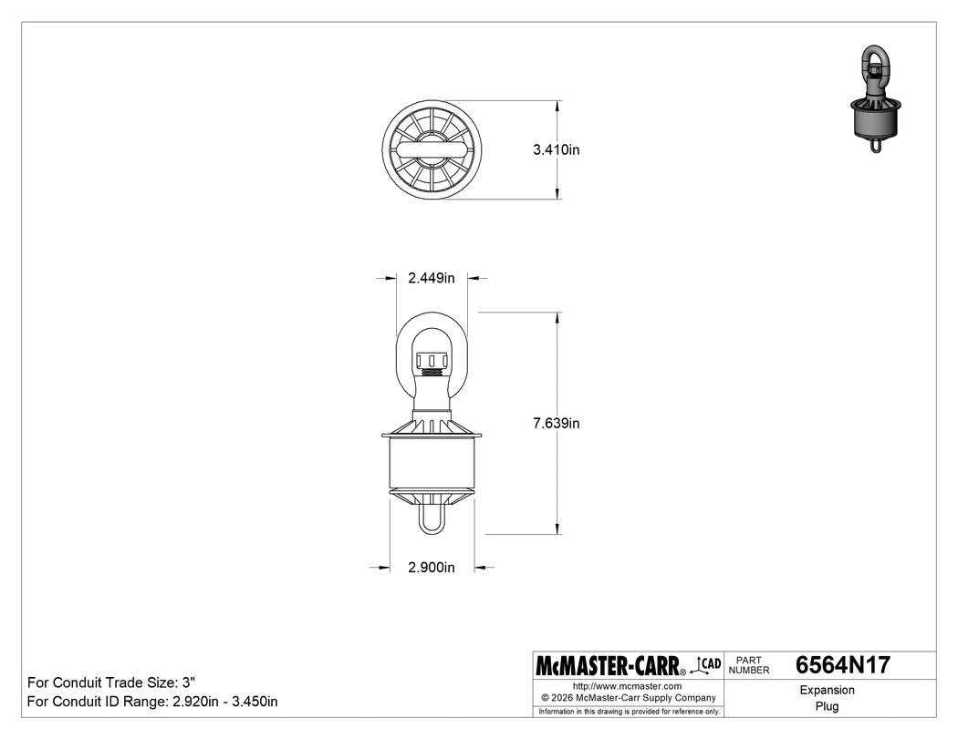Technical Drawing of Expansion Plug, for Conduit Trade Size 3.